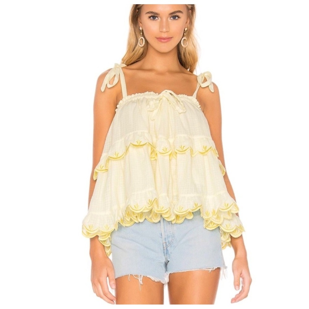 Innika Choo Stella Hotte Top 
Yellow Cotton Embroidered Scallop Ruffle US L